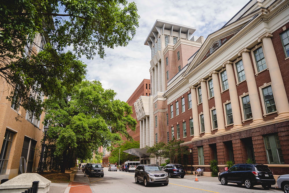 image of the Hollings Cancer Center building with its preserved 1913 facade of columns and brick