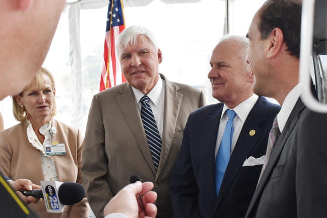 Dr. David Cole, president of the Medical University of South Carolina, and South Carolina Governor Henry McMaster address questions from reporters at the announcement of the MUSC Health Jean and Hugh K. Leatherman Behavioral Care Pavilion in Florence.